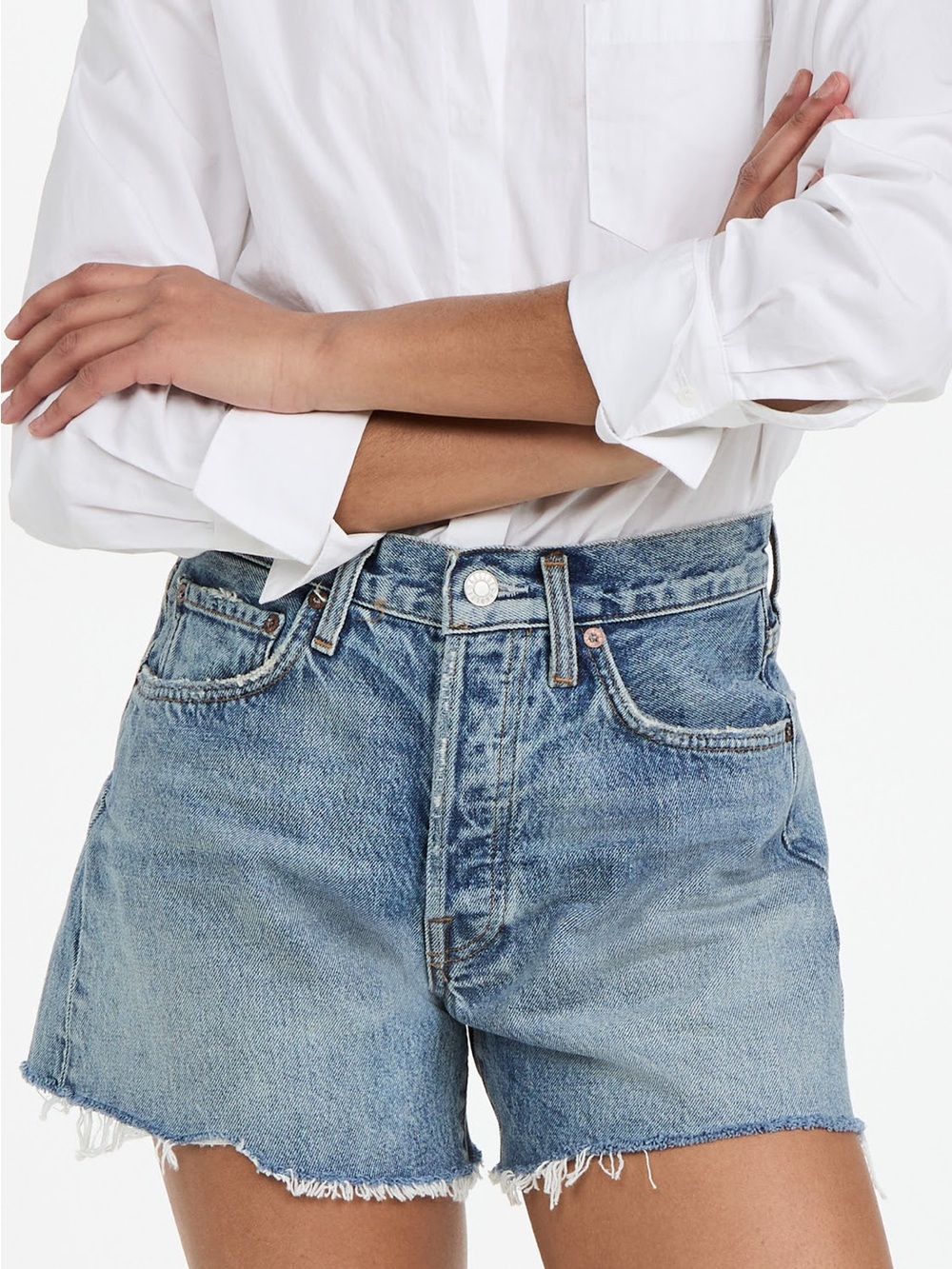 Agolde Light Blue High-Rise Frayed Hem Jean Shorts